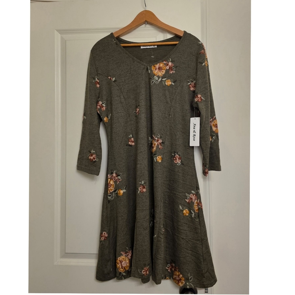 Embroidered Boho Chic Dress Womens L 3/4 Sleeve Ana & Rose NWT Cottage Core